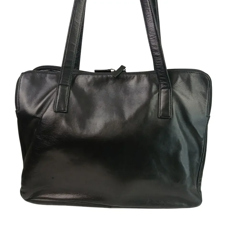 VTG Perlina Buttery Soft Black Leather Briefcase Shoulder Bag 3 Compartments